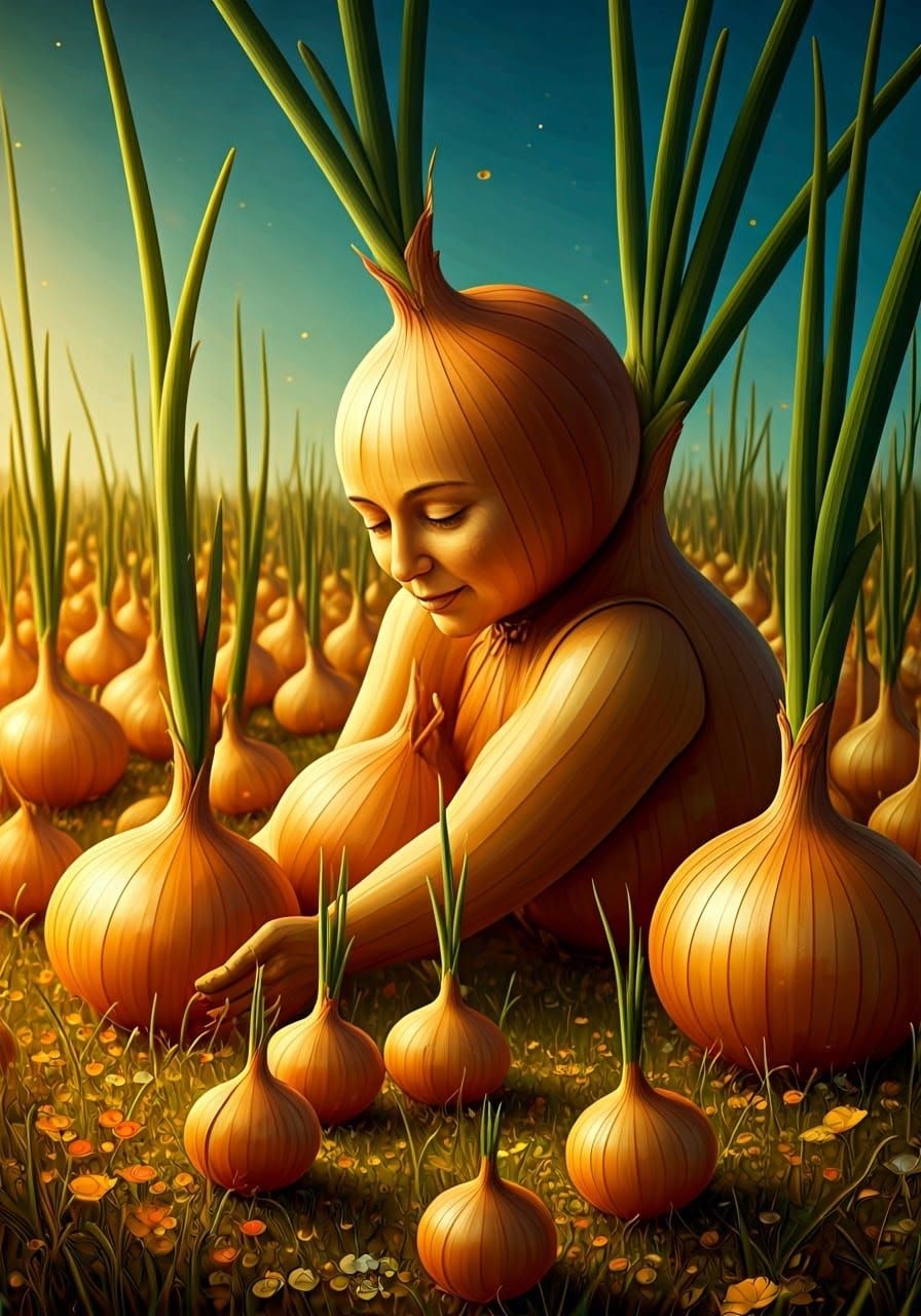 A Loving Onion Mother Tends to Her Vibrant Children in a Lus...