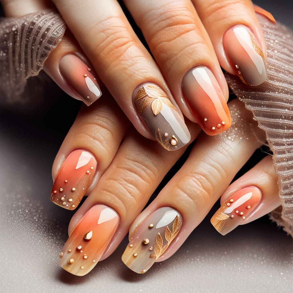 Watercolor Nail Art with Autumn Palette and Gold Accents