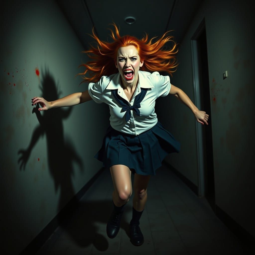 Achromatic Horror: Woman in School Uniform Runs from Darknes...