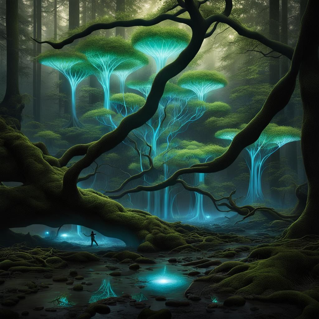 Bioluminescent Forest: Interconnected Roots in a Futuristic ...