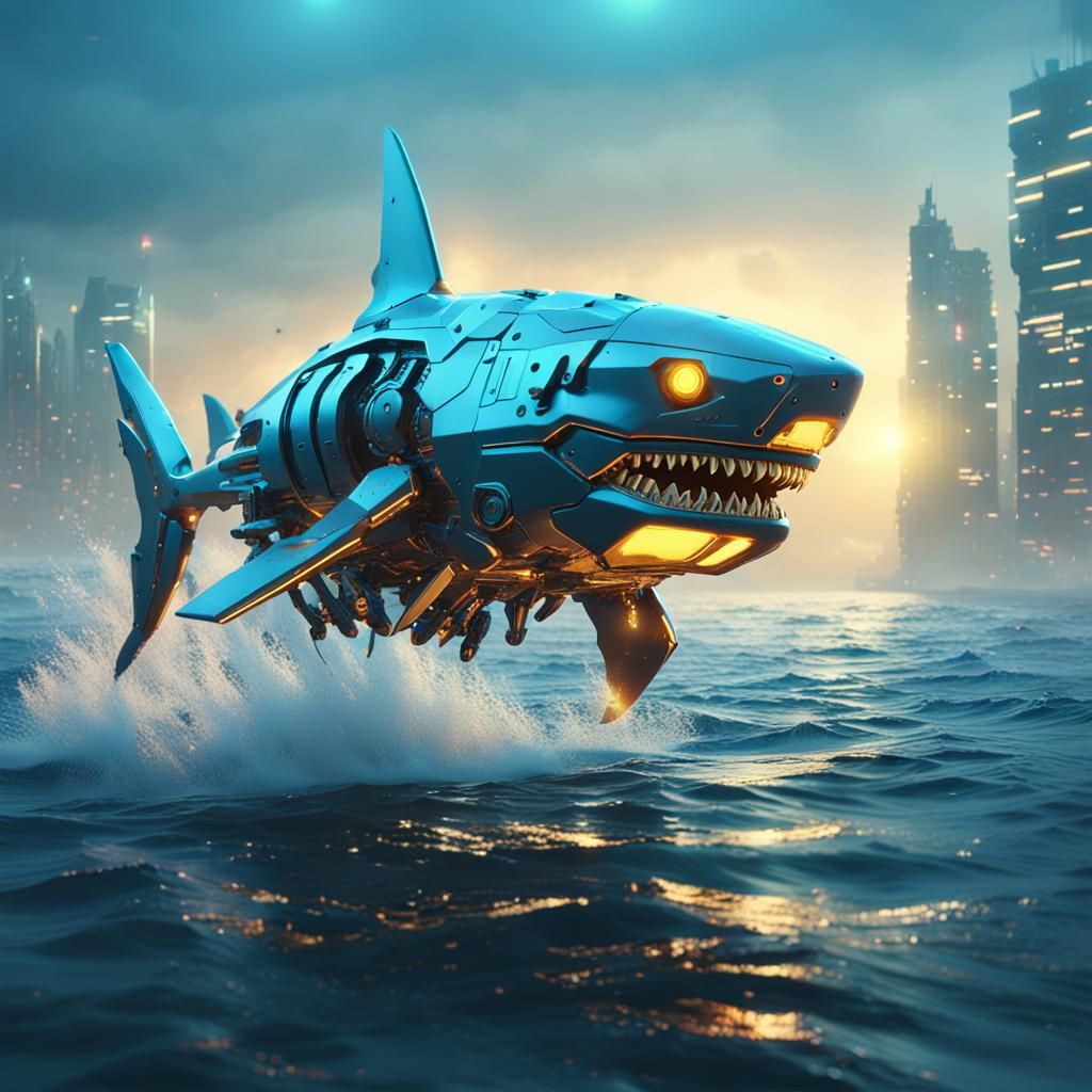 Cyberpunk Robot Shark Soars Over Ocean
