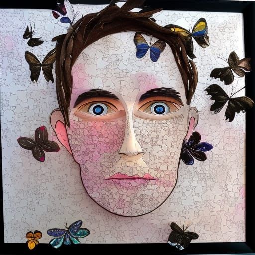 Man Transforms to Butterflies in Mixed Media Portrait