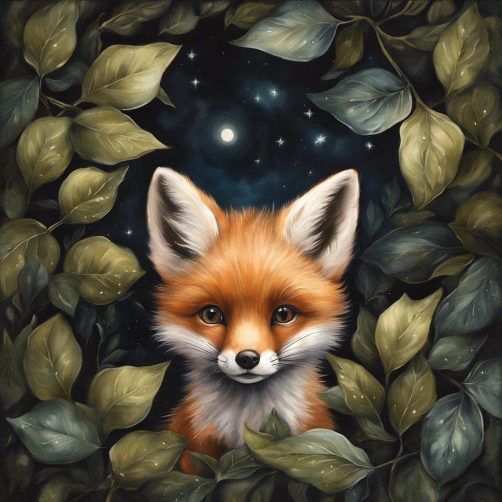 Adorable Baby Fox in Night Forest Painting