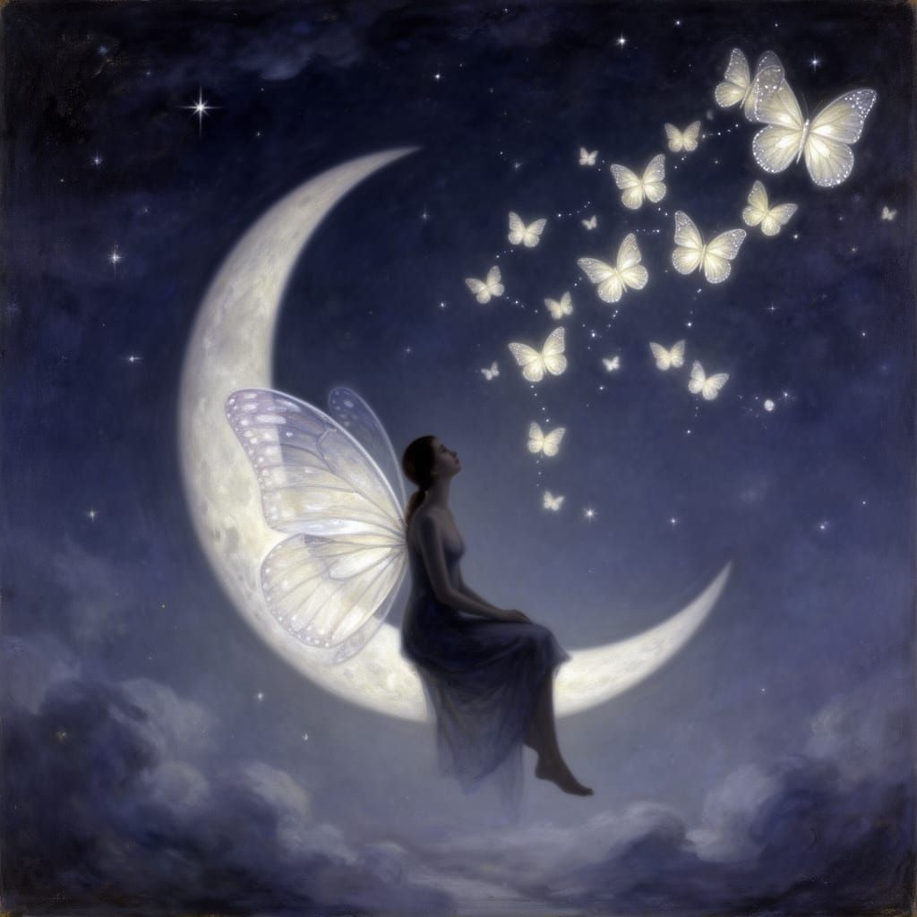 Melancholic Figure on Moon Gazing at Butterfly Constellation