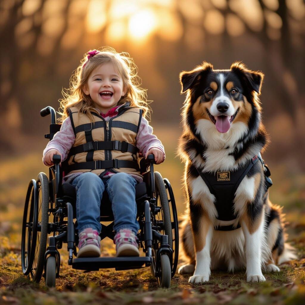 Joyful Girl in Wheelchair with Service Dog, Golden Hour Glow