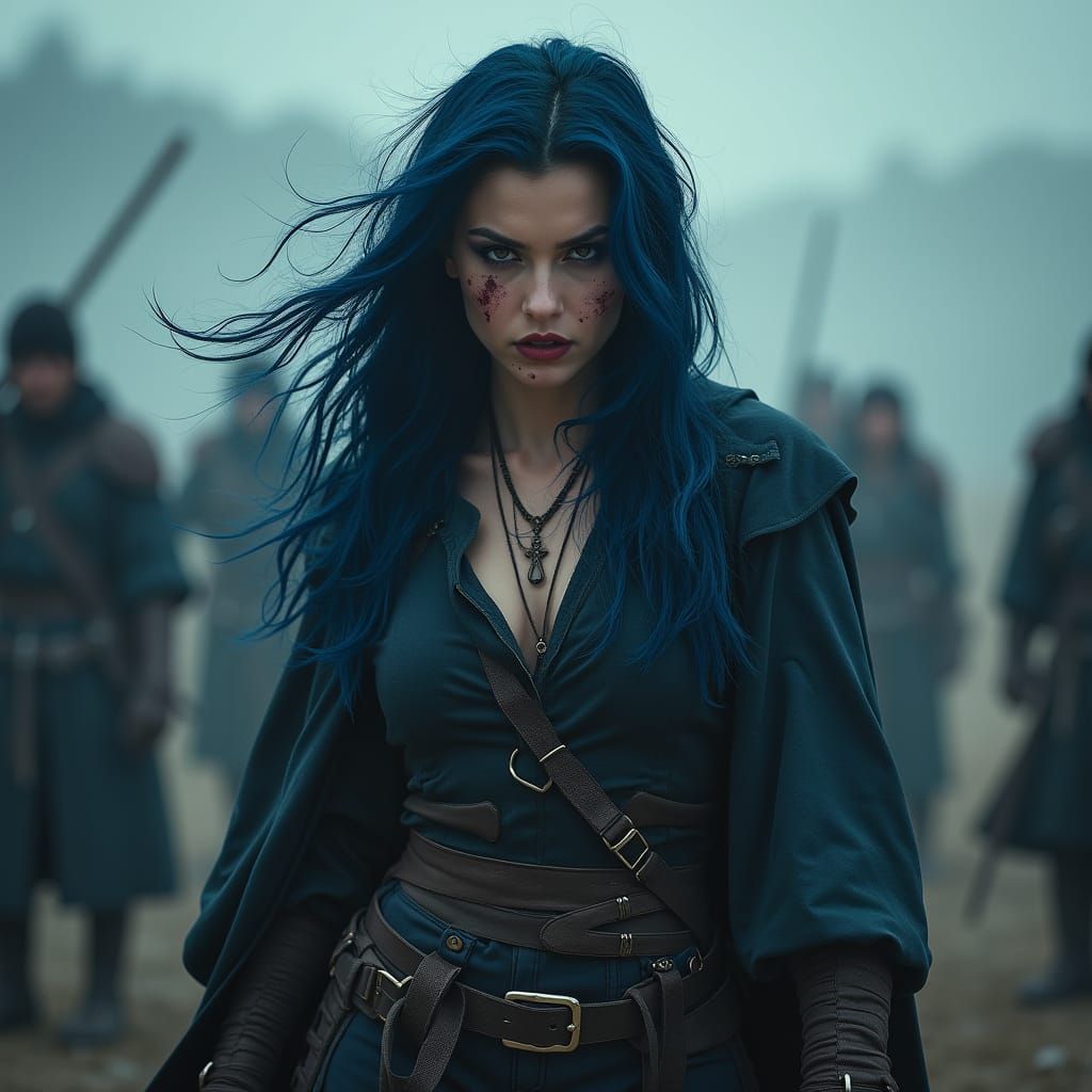 Epic Fantasy Warrior with Dark Blue Hair