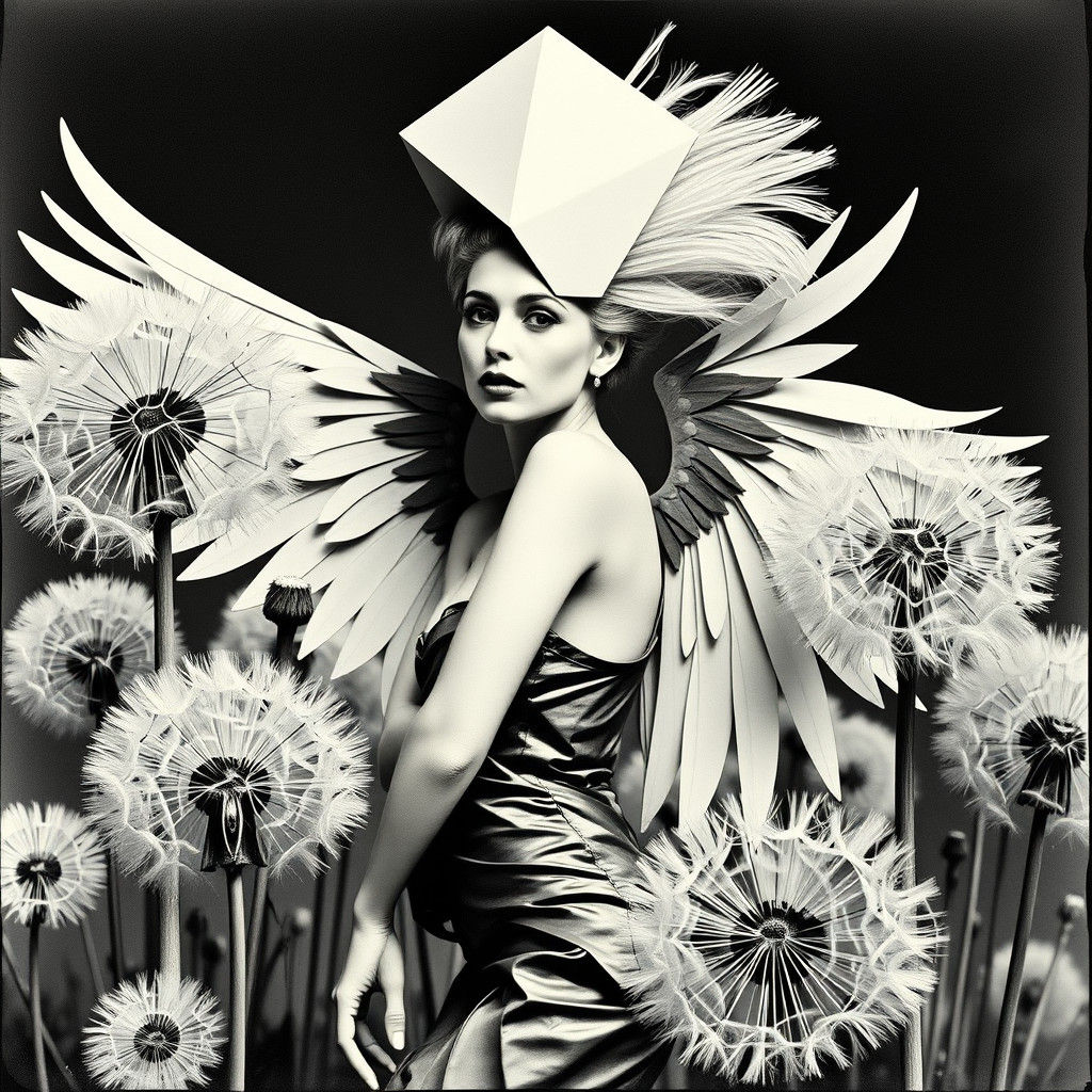 Dada-Inspired Model with Geometric Wings in Photogram Style