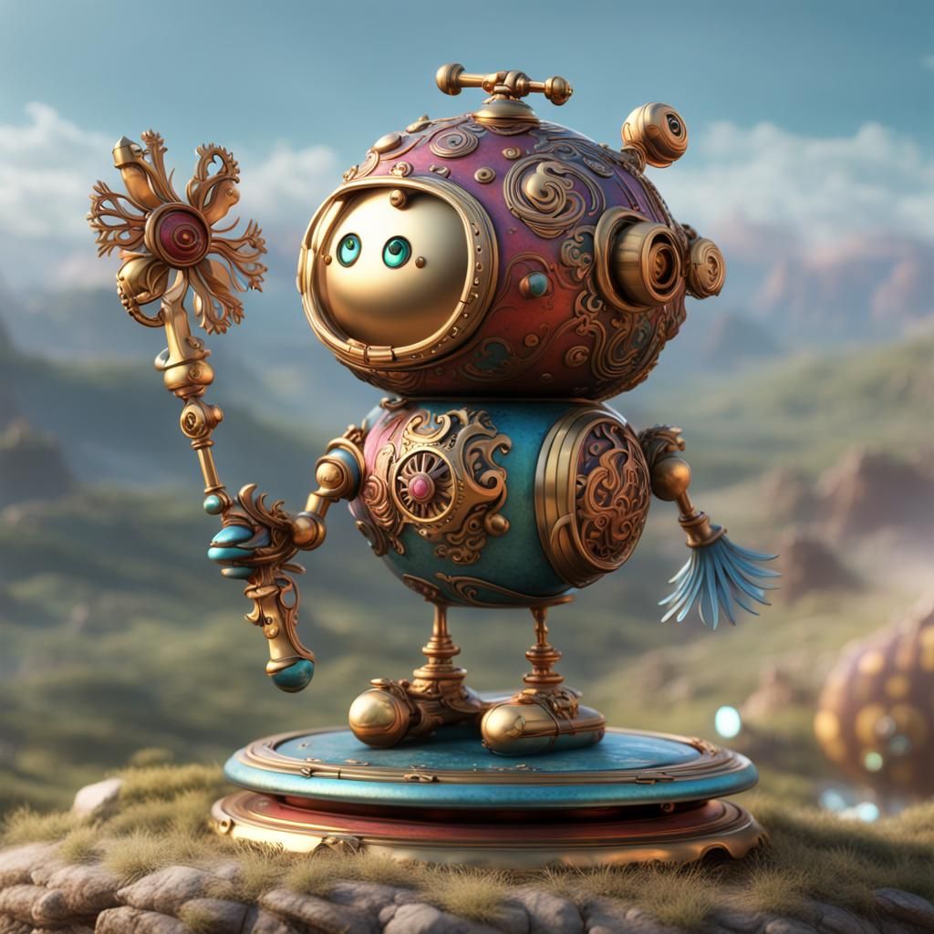 Whimsical Wind-Up Figurine Dances: Fantasy Concept Art