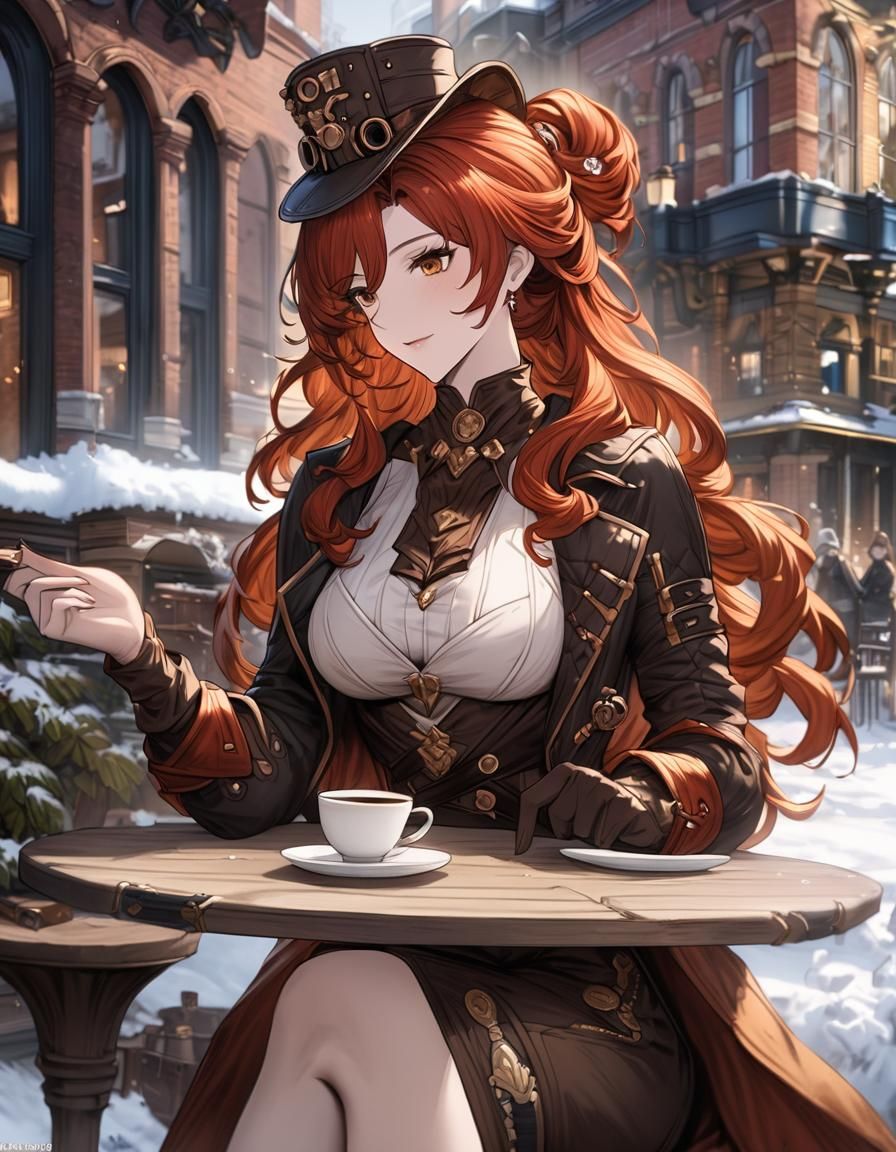 Steampunk Himeko Coffee Portrait in Granblue Fantasy Style