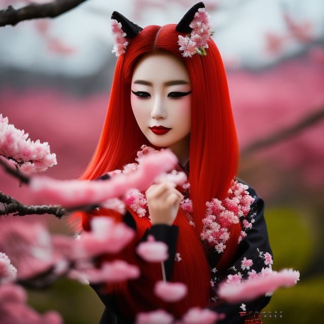 Japanese Kitsune Yokai in Cherry Blossom Hanami