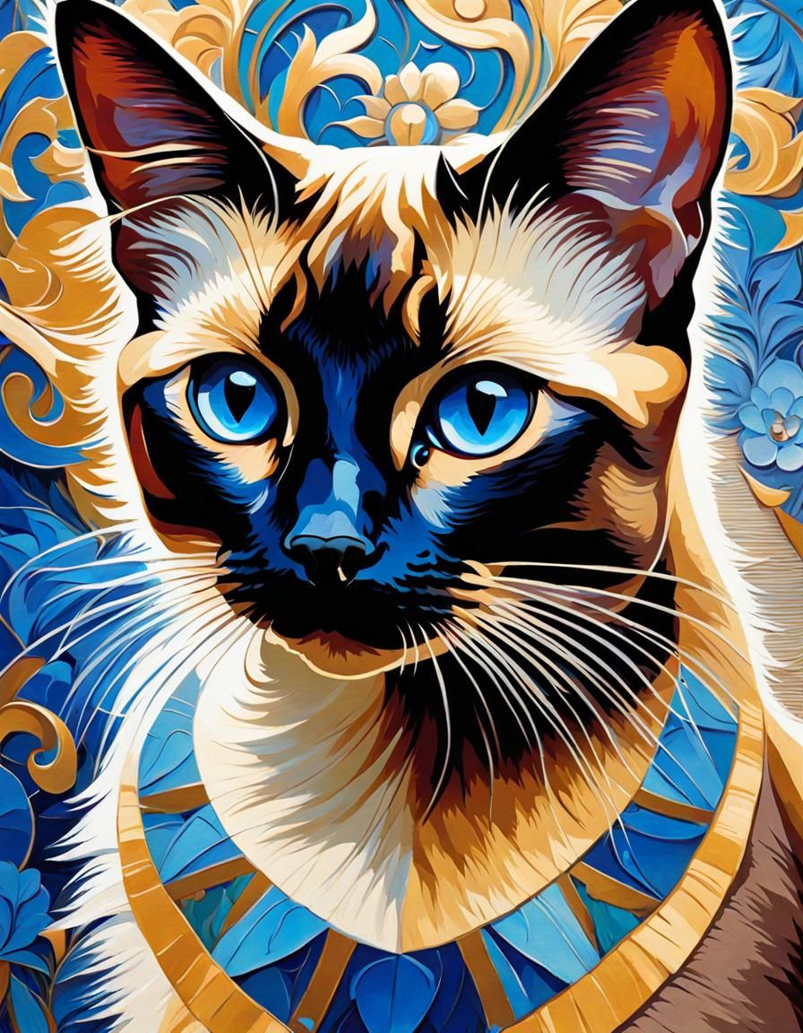 Siamese Cat Portrait in Neo-Impressionist Style