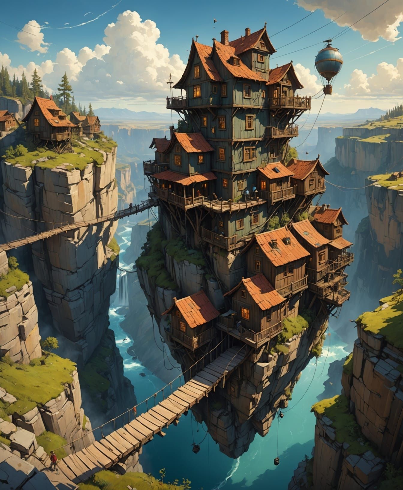 Floating Village Above Canyon in Fantasy Style