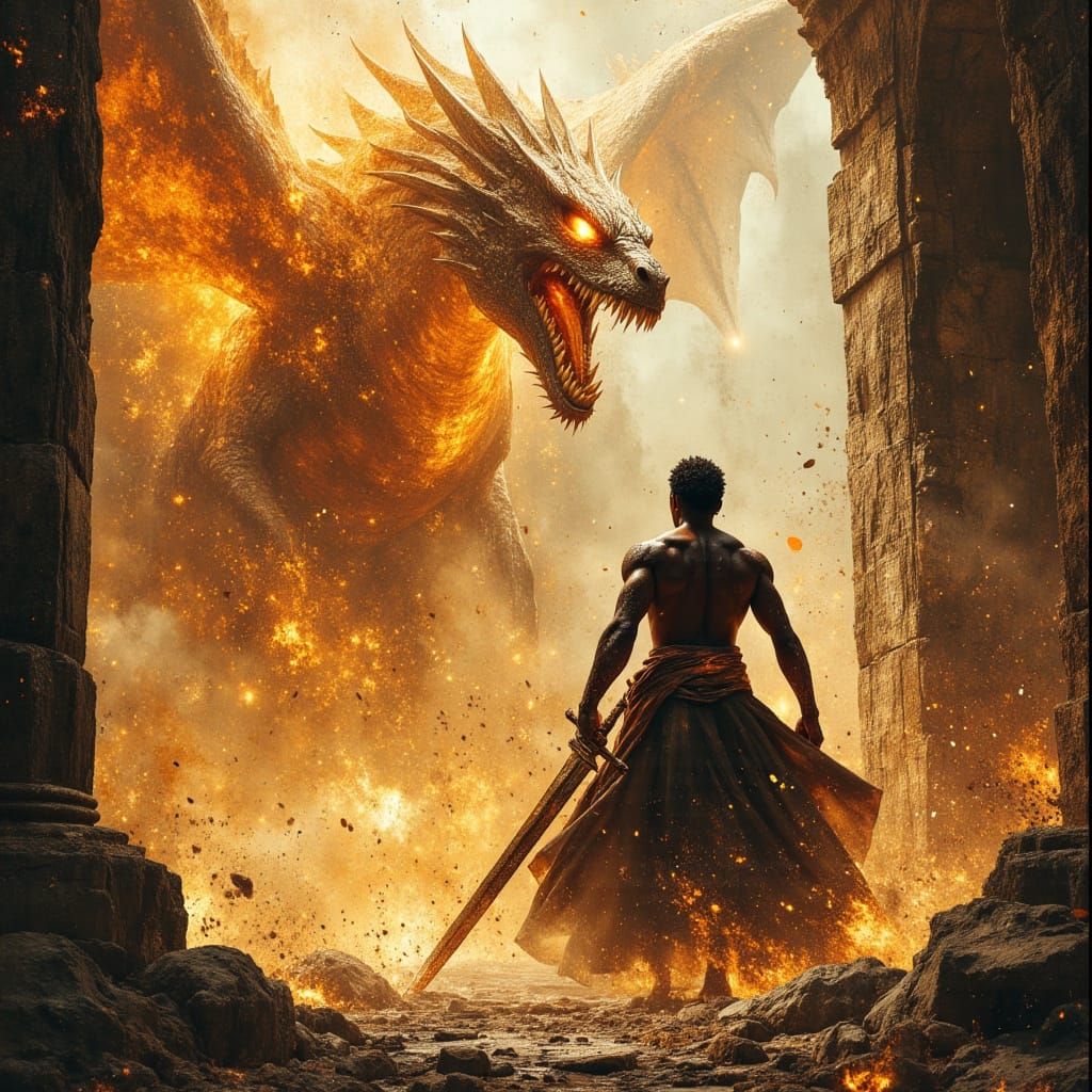 Warrior God Battles Ferocious Dragon in Temple Ruins