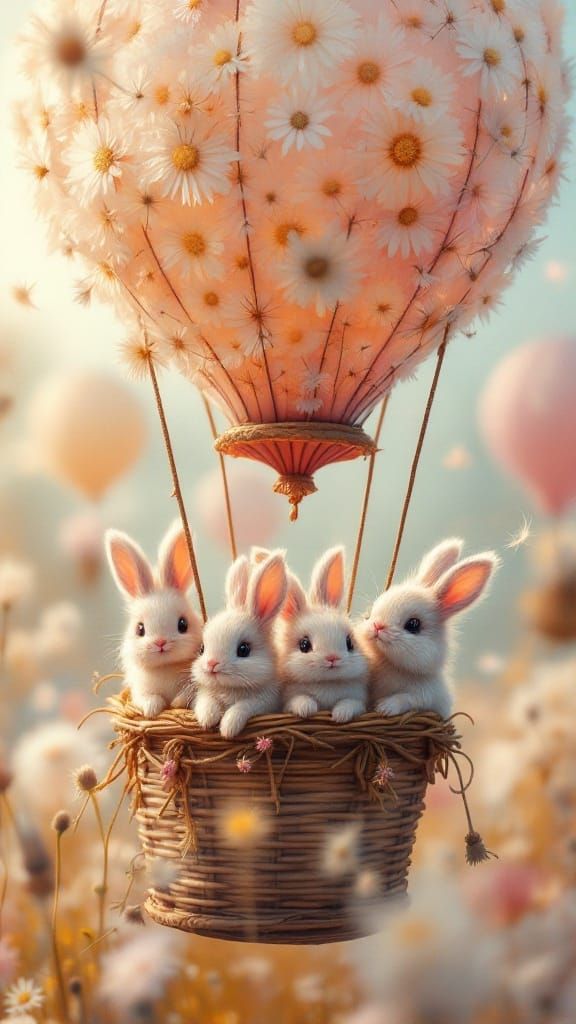 Baby Bunnies Soar in Dandelion Seed Balloons Over a Magical ...