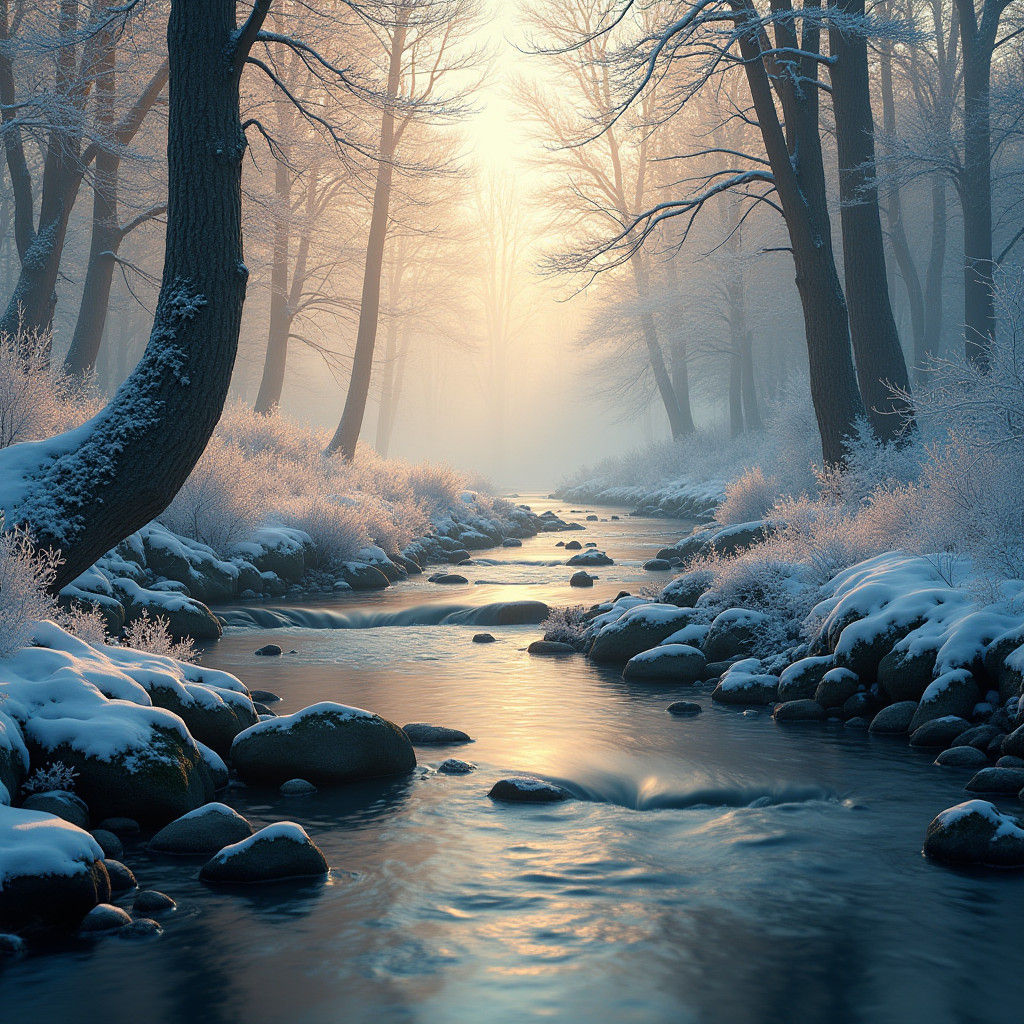 Enchanted Winter Stream in Mystical Forest