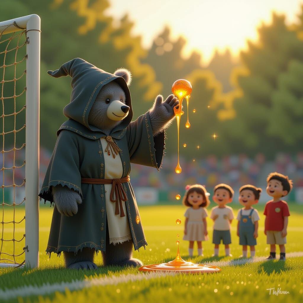 Whimsical Bear Wizard on Football Field in Magical Sunlight
