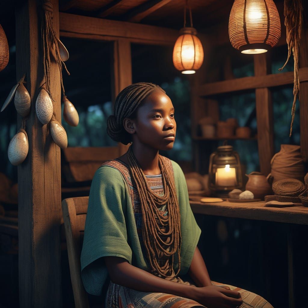 African Girl with Resolute Determination in a Rustic Hut