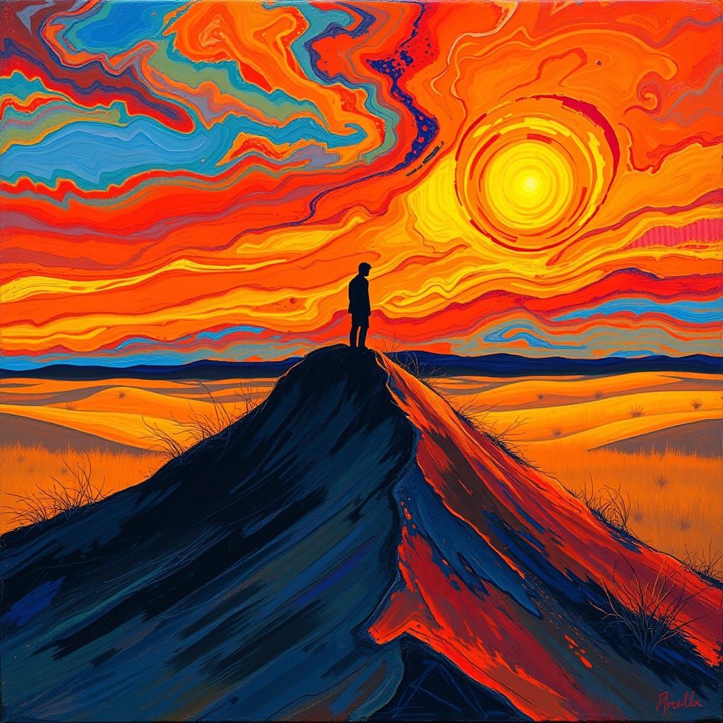 Lonely Figure Embraced by a Vibrant Sunset in a Dreamlike La...