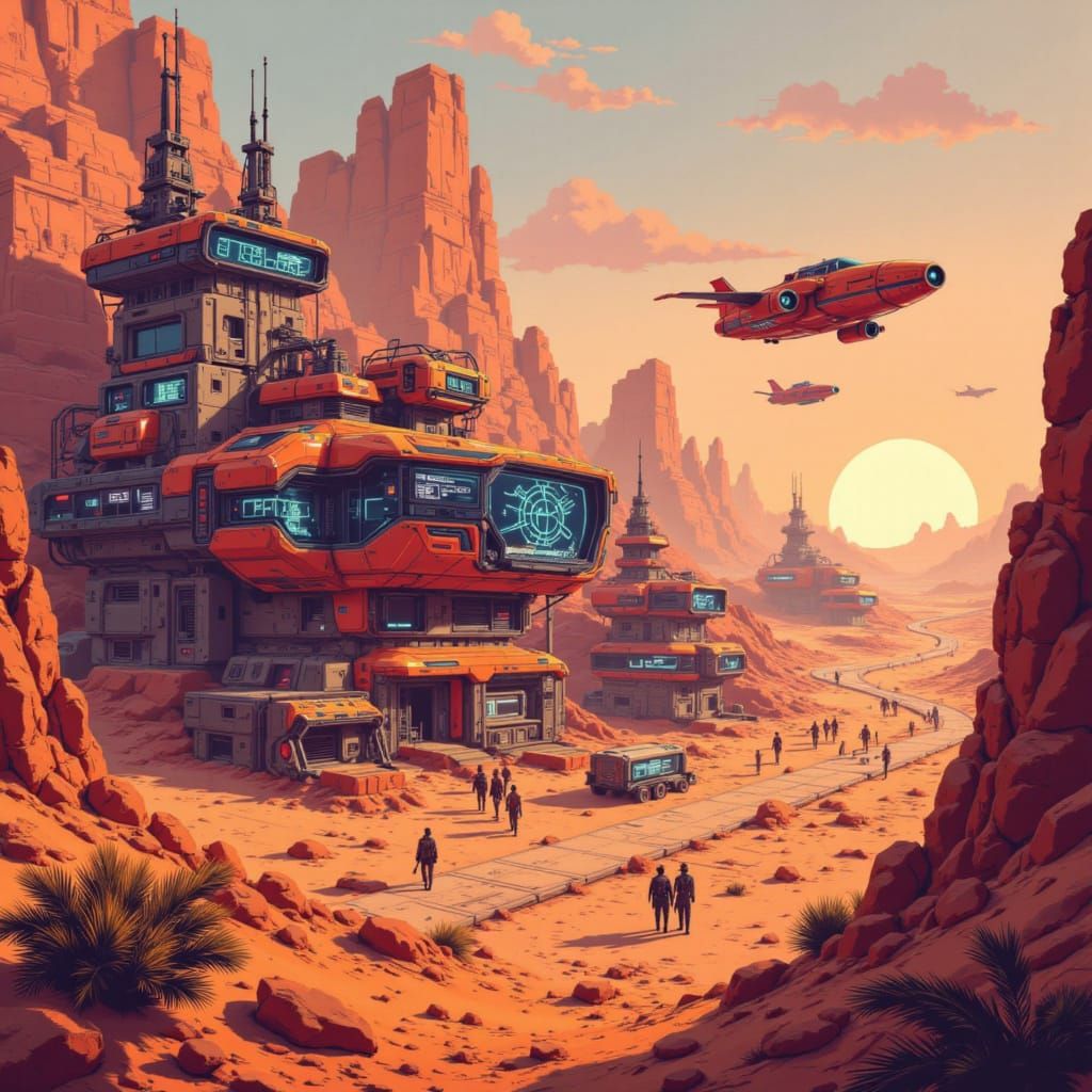 Vibrant Desert Space Colony at Sunset