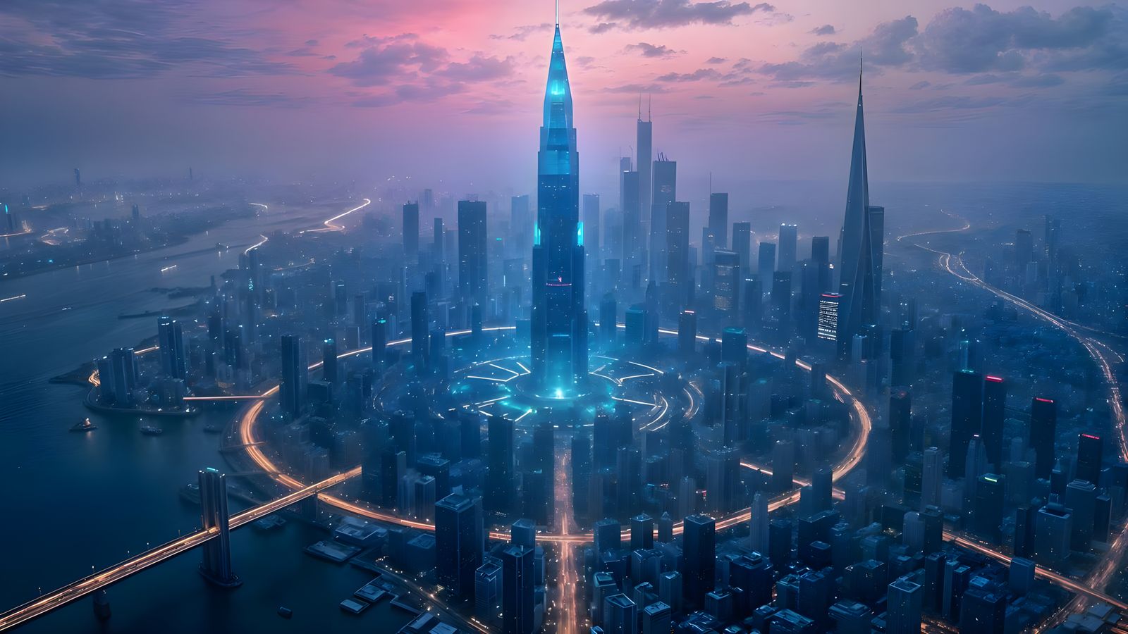 Glowing Cyberpunk Metropolis at Night