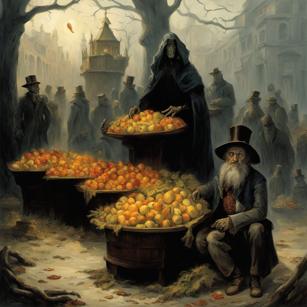 Automaton Traveler at Autumn Market: Digital Painting