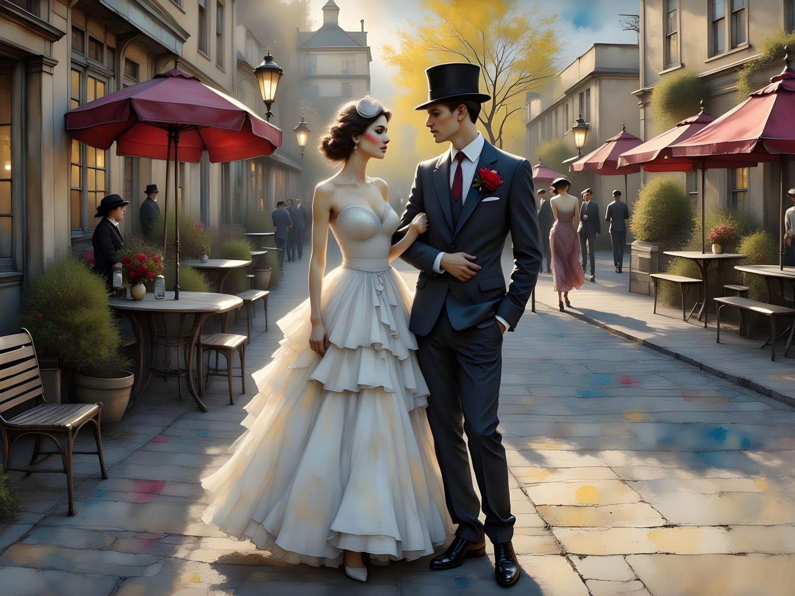 Romantic Impressionist Couple on Main Street at Sunset