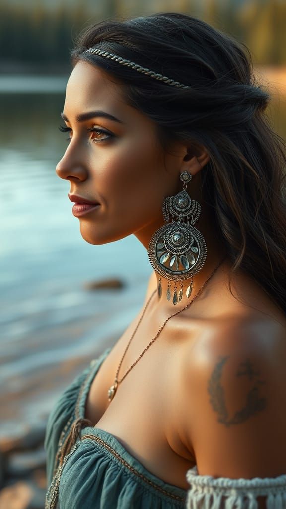 Woman by Tranquil Lake in Soft Light