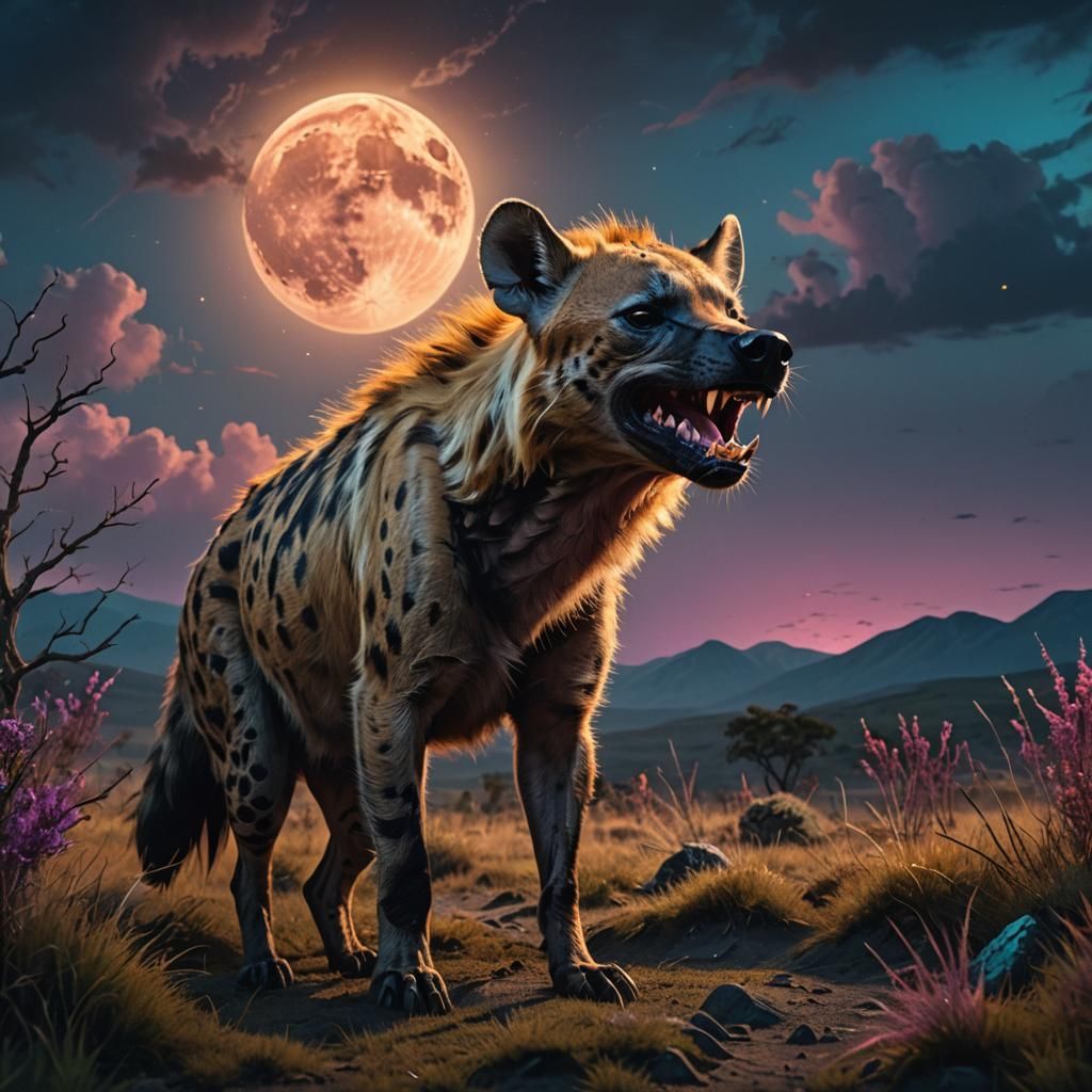 Laughing Hyena Under Moon in Dark Fantasy Style