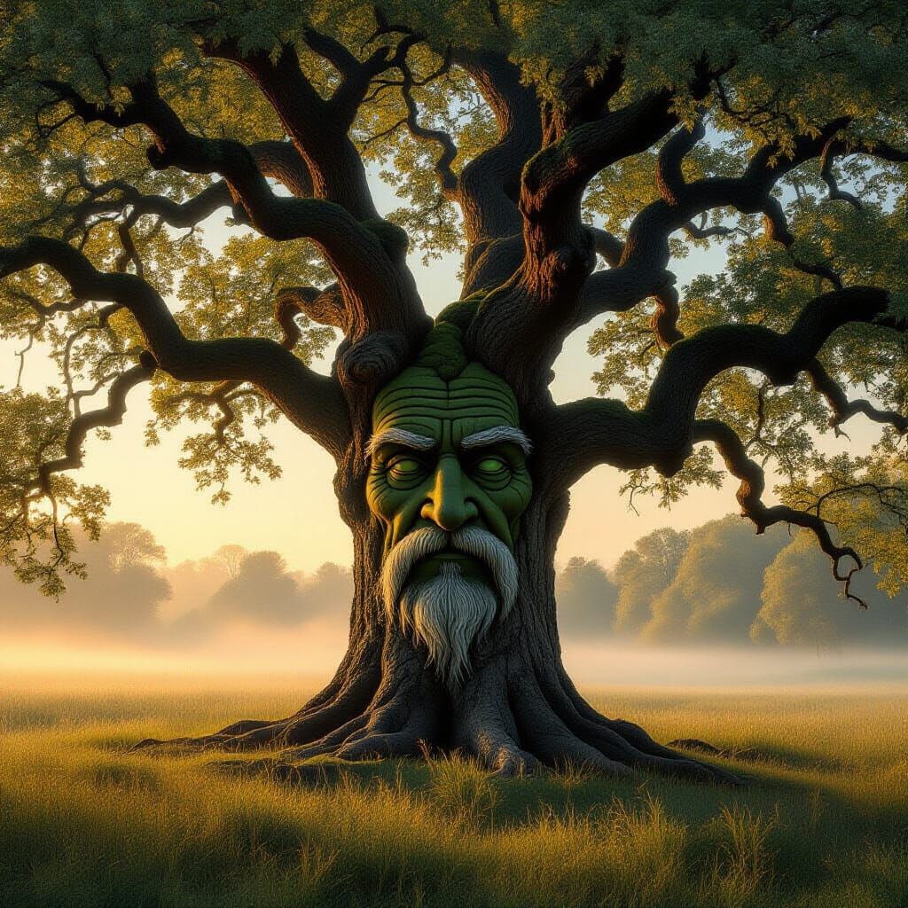Ancient Oak Tree Face in Misty Meadow at Dawn
