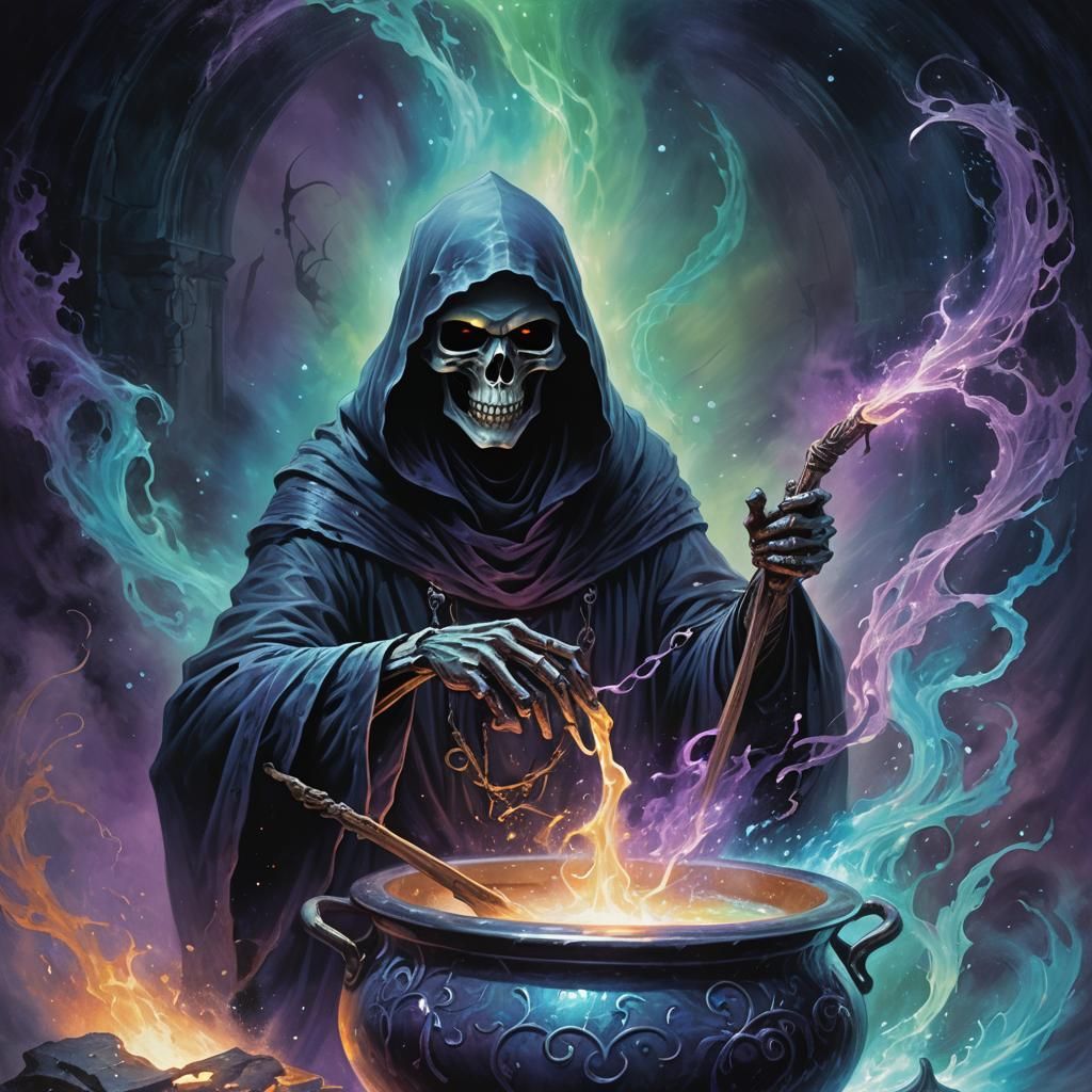 Grim Reaper Stirring a Soul Cauldron in Dark Fantasy Art