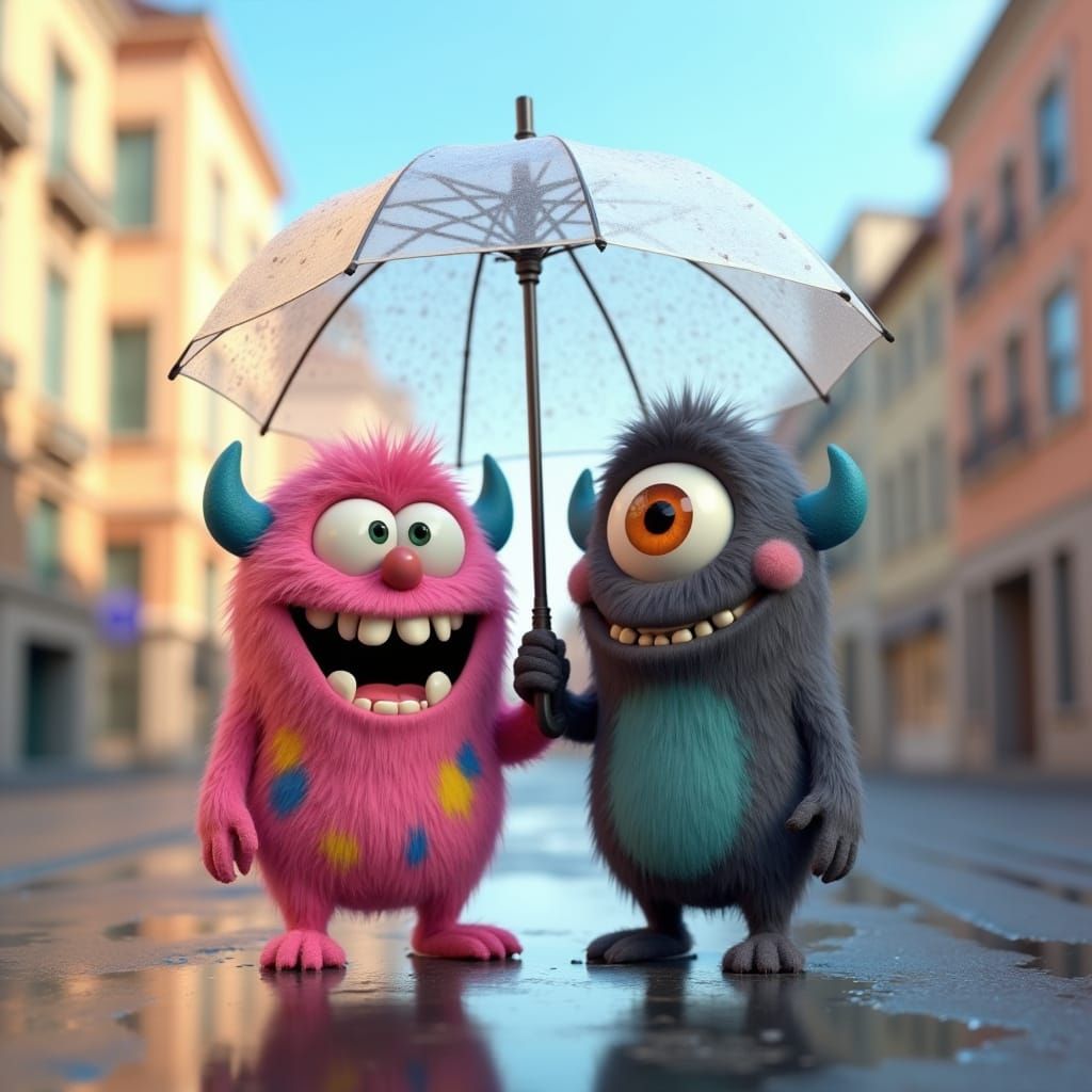 Cartoon Monsters Share Umbrella in Rainy Cityscape