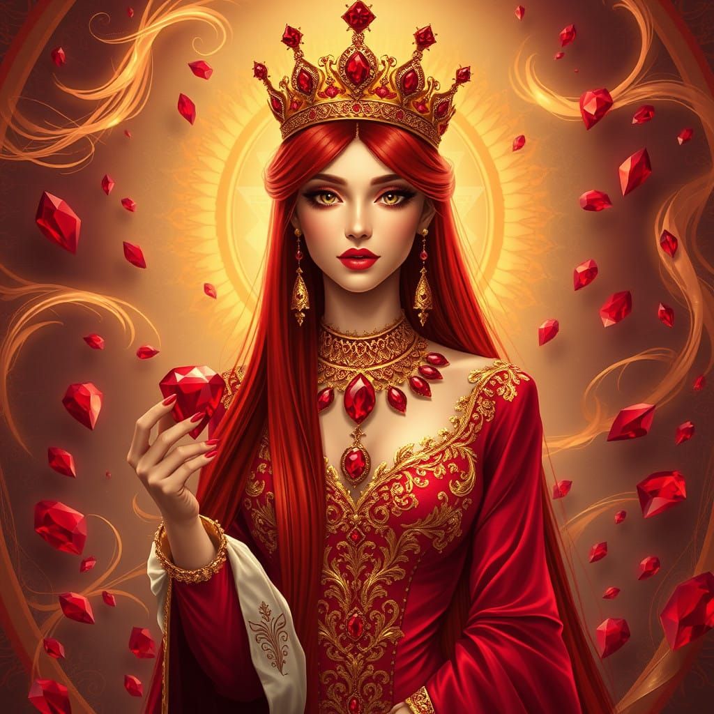 Regal Ruby Queen in Opulent Fantasy Attire