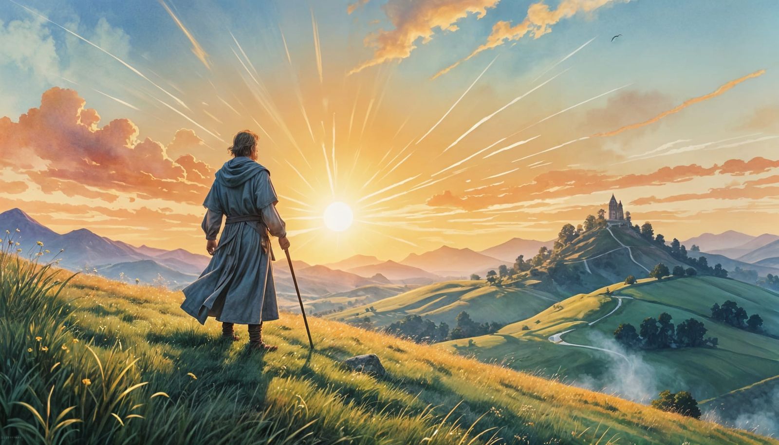 Lone Mage Gazing at Sunrise: Watercolor Painting