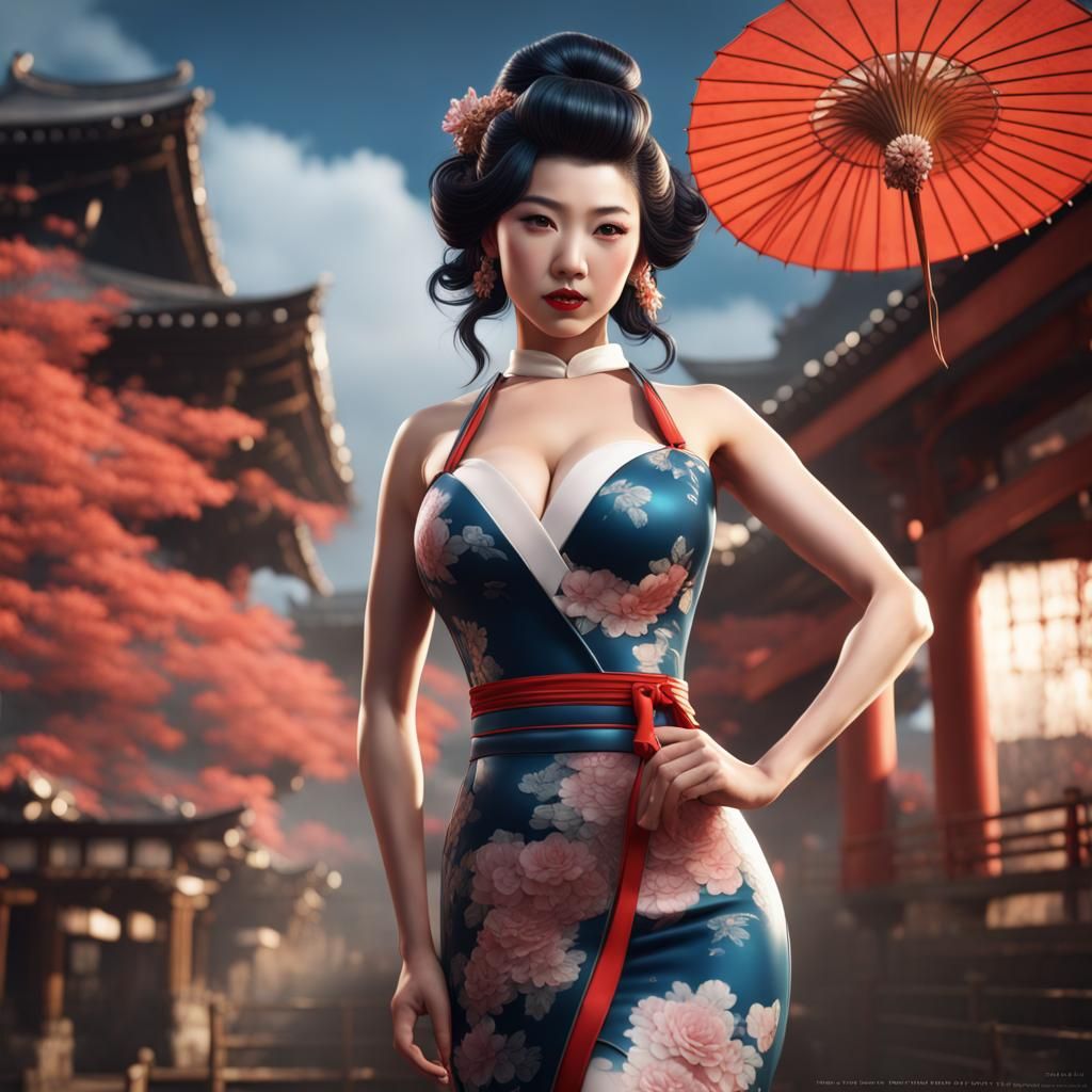 Hyperrealistic Japanese Pinup Girl in Detailed Matte Paintin...