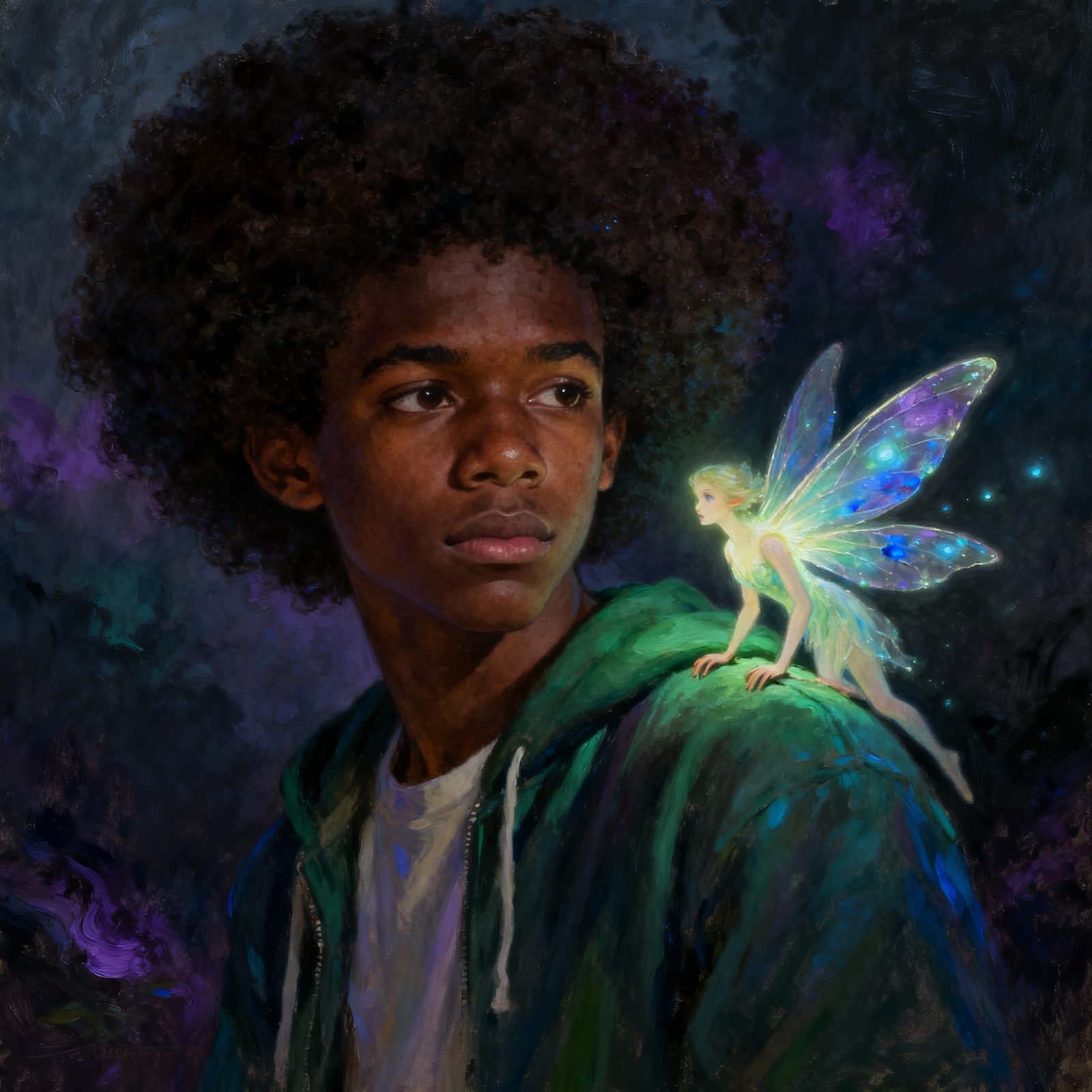 Epic Portrait of African American College Student with Fairy