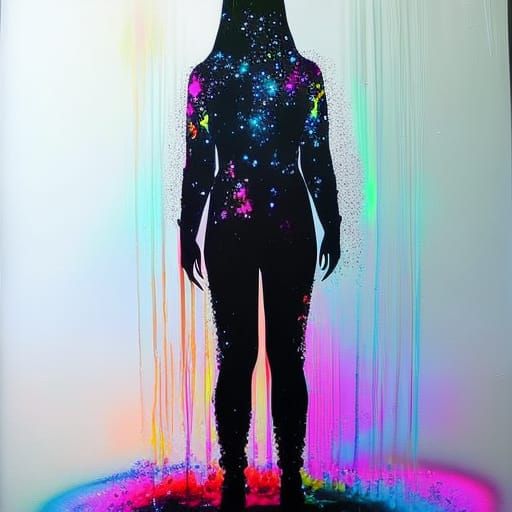Metallic Rubber Woman in LED Lit Graffiti Room