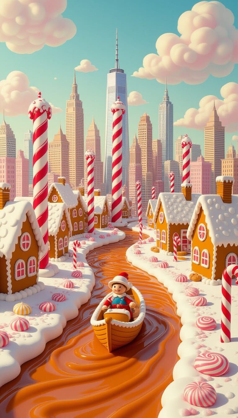 Candy Cane Cityscape with Chocolate Rivers