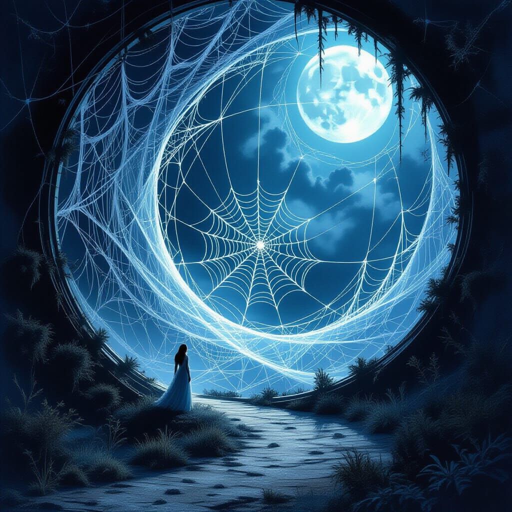 Ethereal Spiderweb Sculptures in Bioluminescent Moonlight