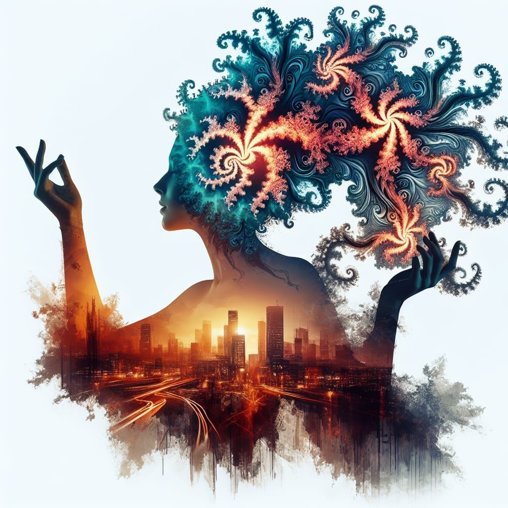 Fractal Woman Caressing the Sky in Double Exposure