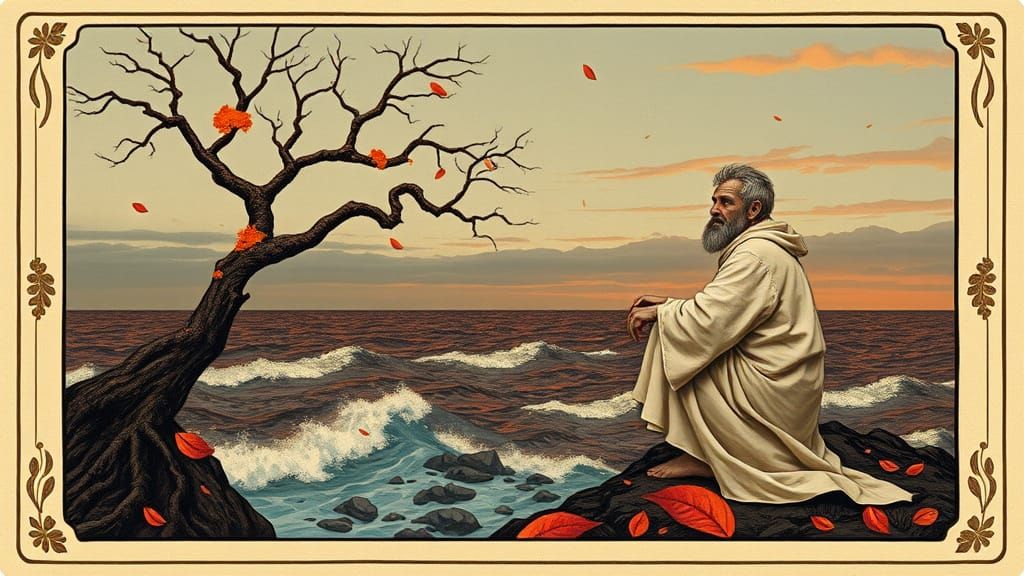 Twisted Tree on Windswept Cliffside in a Haunting Tarot Scen...