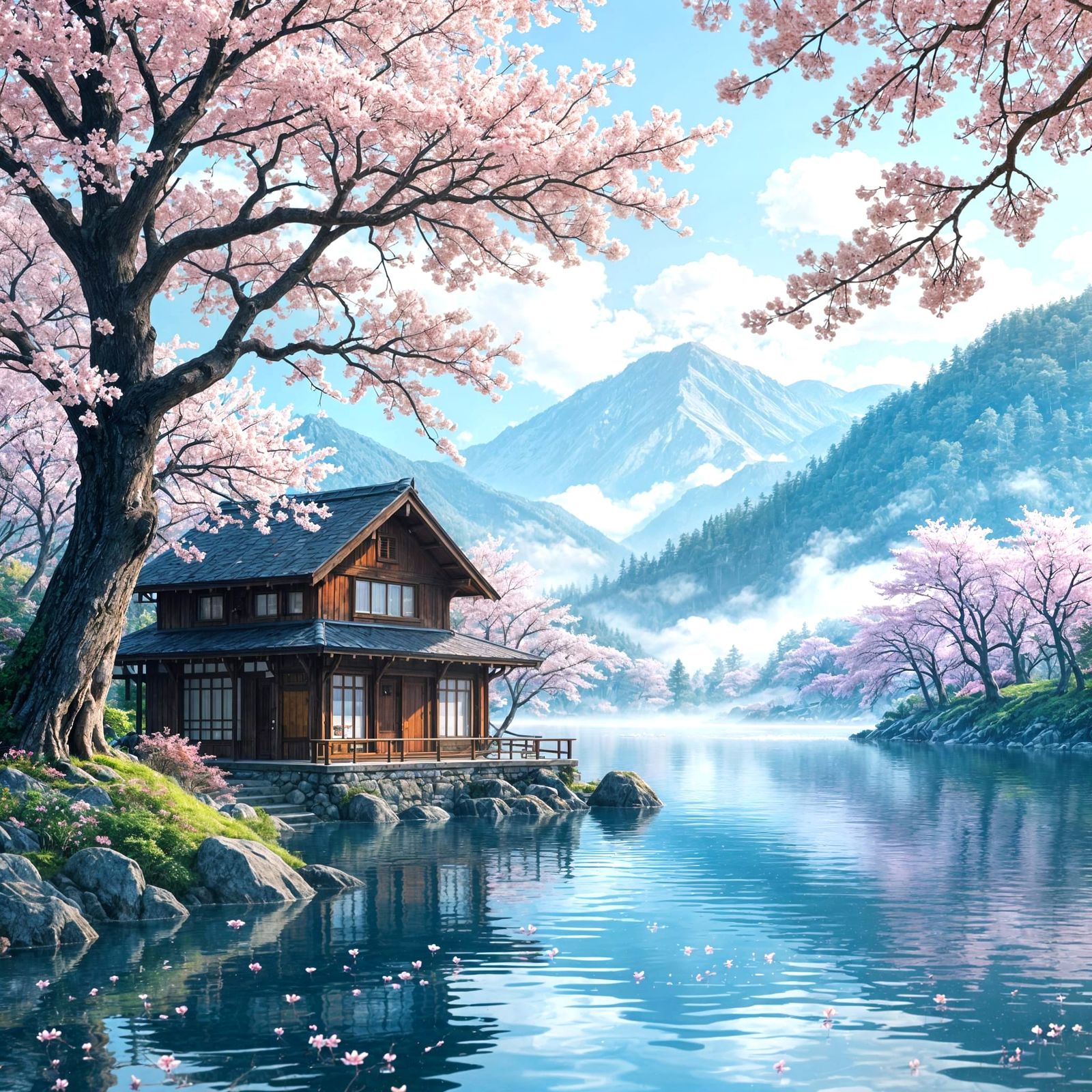 Dream House by Lake with Sakura Trees in Anime Style