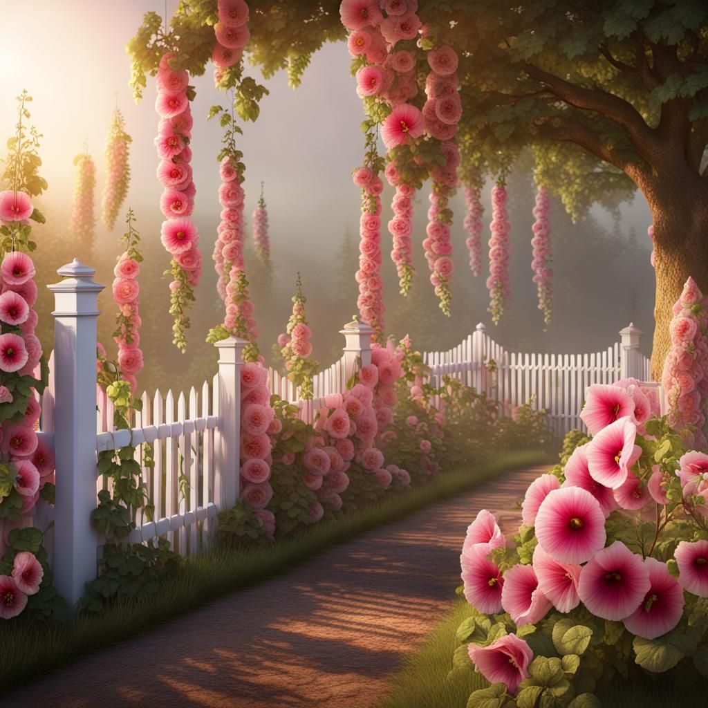 Pink Hollyhocks Garden with Swing at Golden Hour
