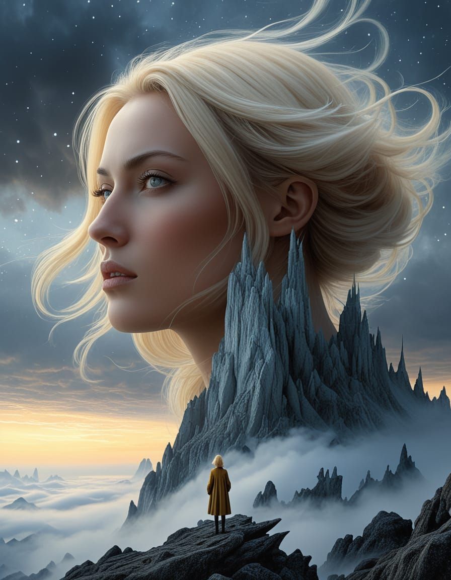 Woman Gazing at Starry Sky on Misty Mountain Peak