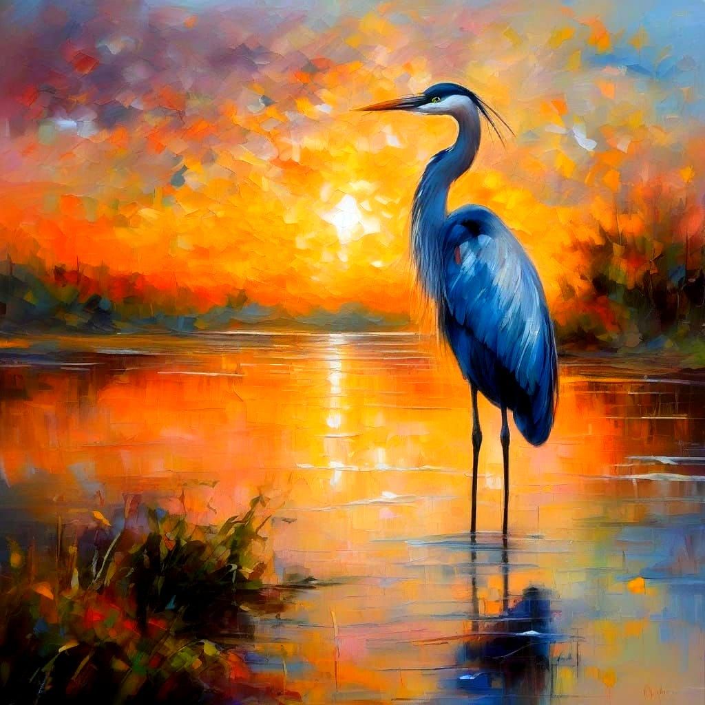 Surrealistic Sunset Scene with Heron on Lake in Vibrant, Exp...