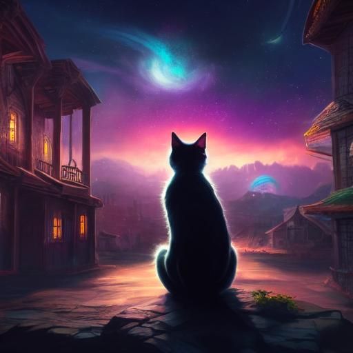 Starry Sky and Lonely Cat in Detailed Digital Painting