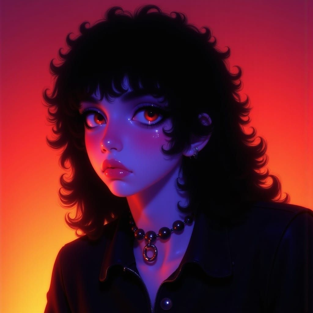 Kirk Hammett with Flowing Black Hair, Neon Lighting