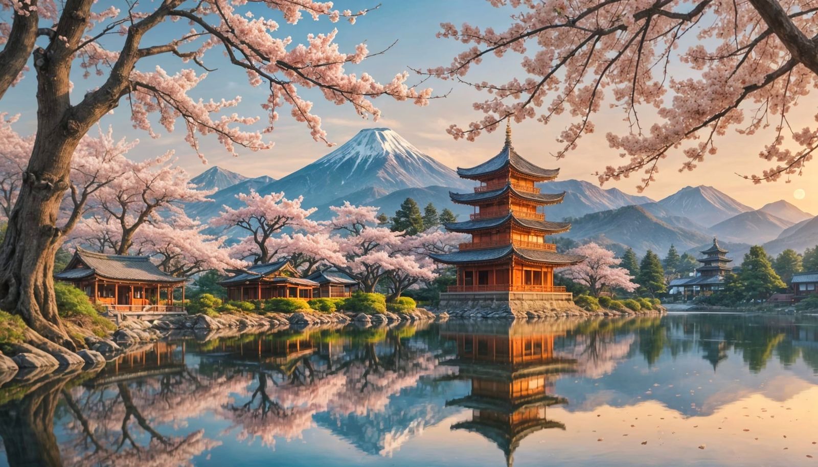 A beautiful ancient sakura tree in front of a lake. Mountain...