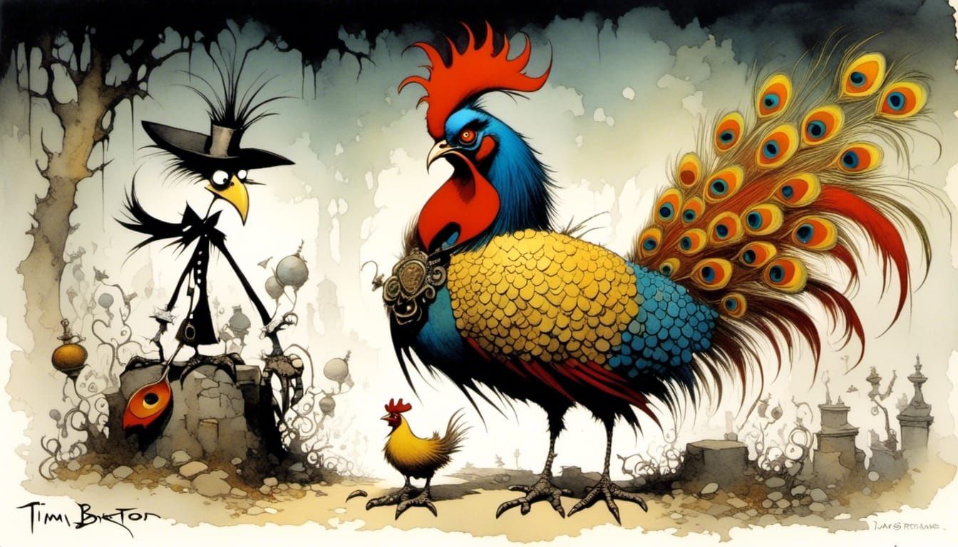 Gothic Rooster with Peacock Tail in Burton-esque Style