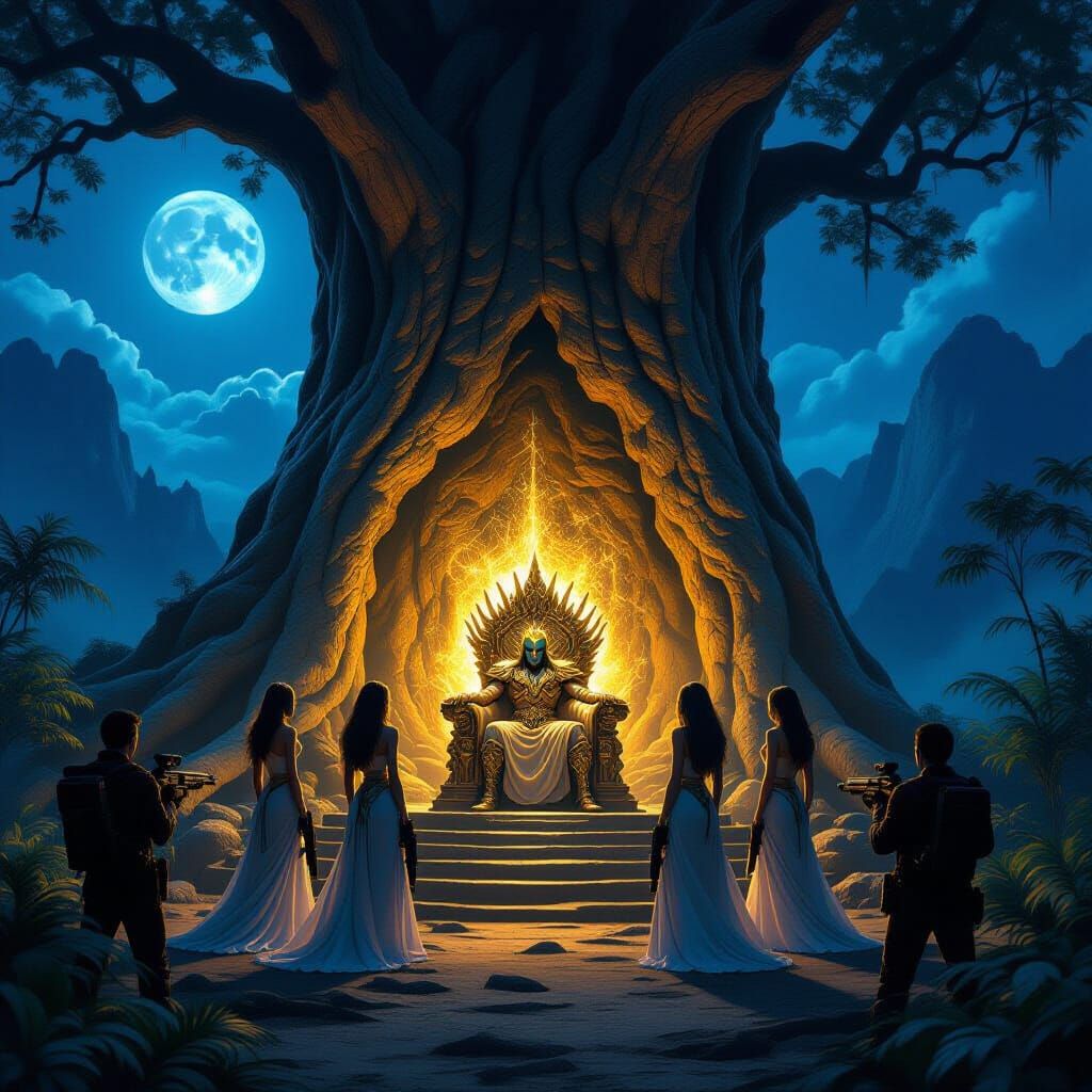 Supervillain's Jungle Throne Amidst Moonlight