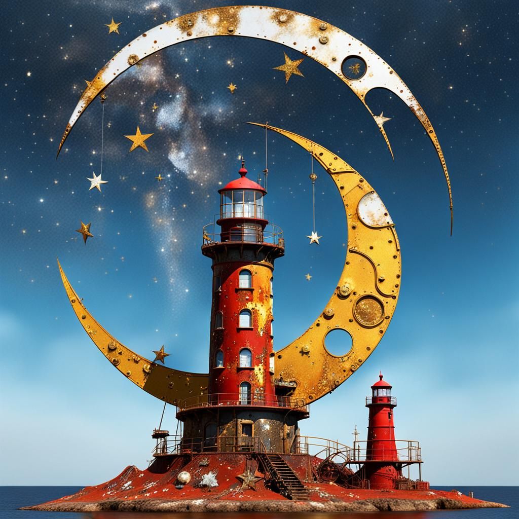 Steampunk Moon and Lighthouse Double Exposure